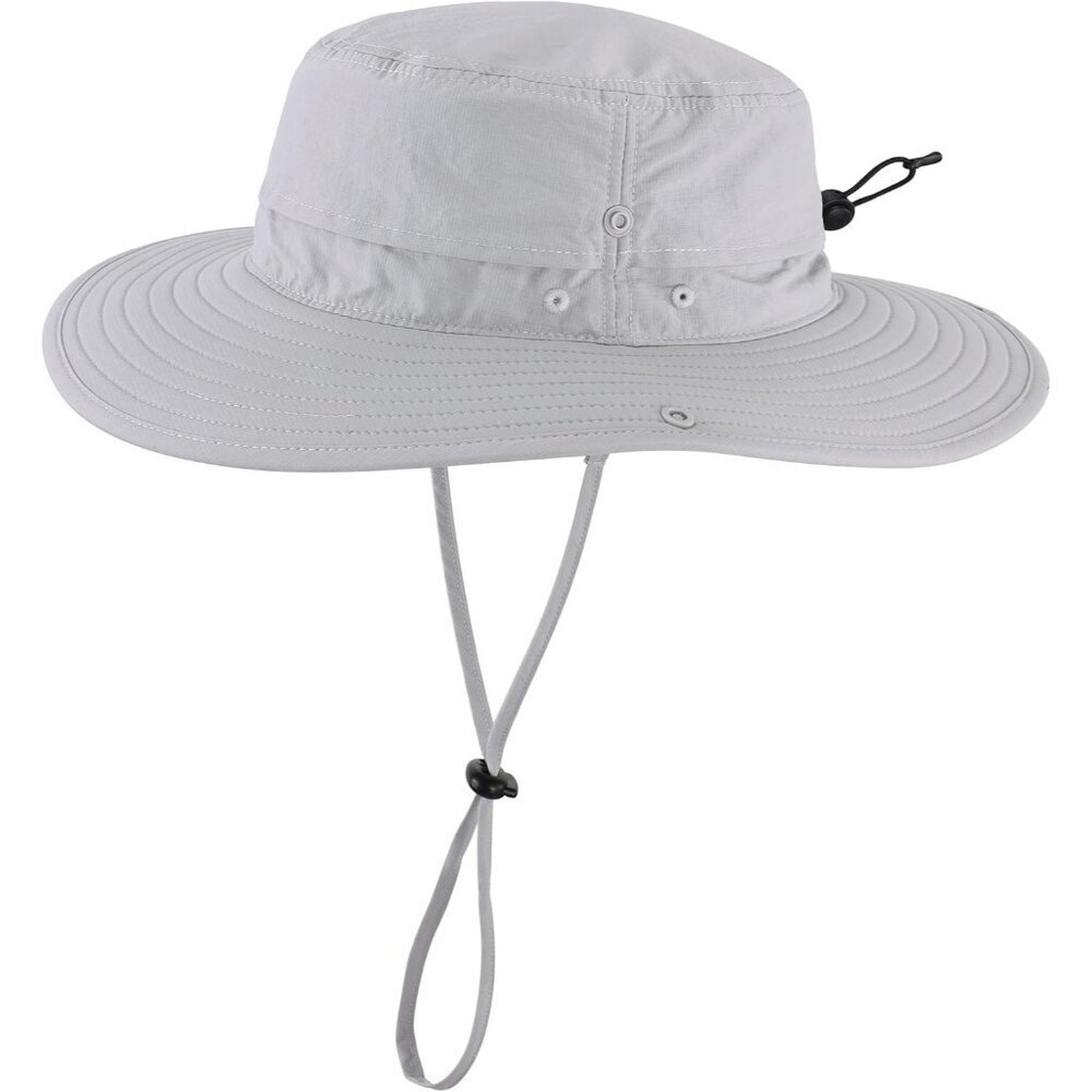 Unisex Light Gray 100% Nylon Wide Brim Boonie with Chin Strap Classic Cowboy Hat